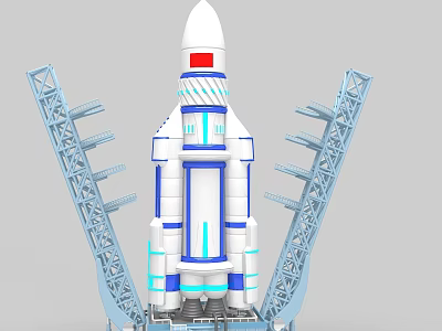 White And Blue Rocket Launch Vehicle With Red Emblem And Side Launch Towers 3d model
