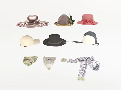 Various Fashionable Hats With Wide Brimmed Beret Baseball Cap Bow Leaf Scarf Accessories 3d model