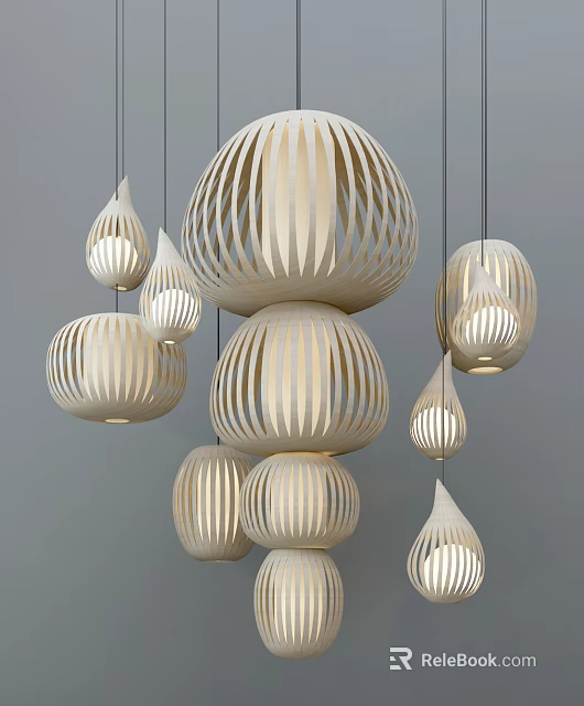 Modern Wooden Pendant Lights with Hollow Striped Design and Multiple Decorative Shapes 3d model 
