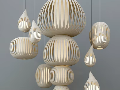 Modern Wooden Pendant Lights with Hollow Striped Design and Multiple Decorative Shapes 3d model