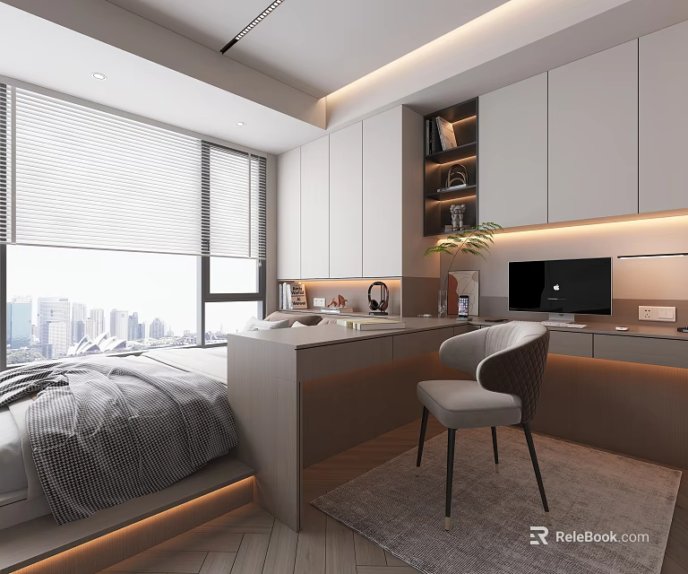 Modern Tatami Bedroom Interior With Writing Desk Chair Storage Cabinets And City View 3d model 