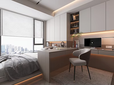 Modern Tatami Bedroom Interior With Writing Desk Chair Storage Cabinets And City View 3d model