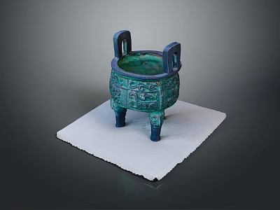 Bronze Sculpture Artwork With Three Legged Two Handled Design And Decorative Patterns On White Base 3d model