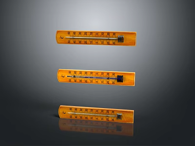Three Yellow Thermometers Arranged Vertically With Clear Temperature Scales And Indicators 3d model