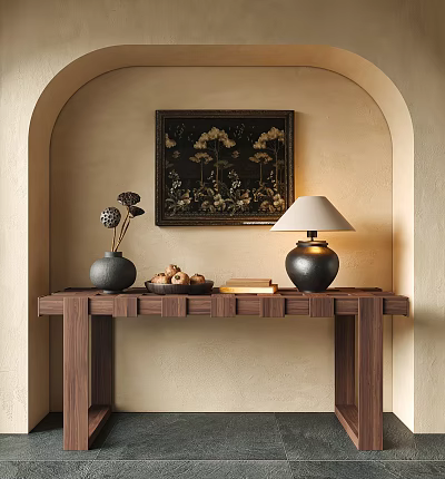 Elegant Rustic Console Table on Arched Wall with Vases Fruits Bowl Lamp and Hanging Painting 3d model