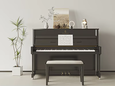 Elegant Black Piano with Music Sheet Landscape Painting Vase Cat Figurine and Green Plant 3d model