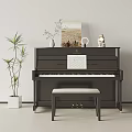 Elegant Black Piano with Music Sheet Landscape Painting Vase Cat Figurine and Green Plant