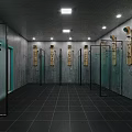 Modern Fitness Locker Room With Black Lockers Wooden Benches Blue Accents And Gray Flooring
