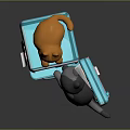 Blue refrigerator open door with items inside orange cat on top gray cat in front