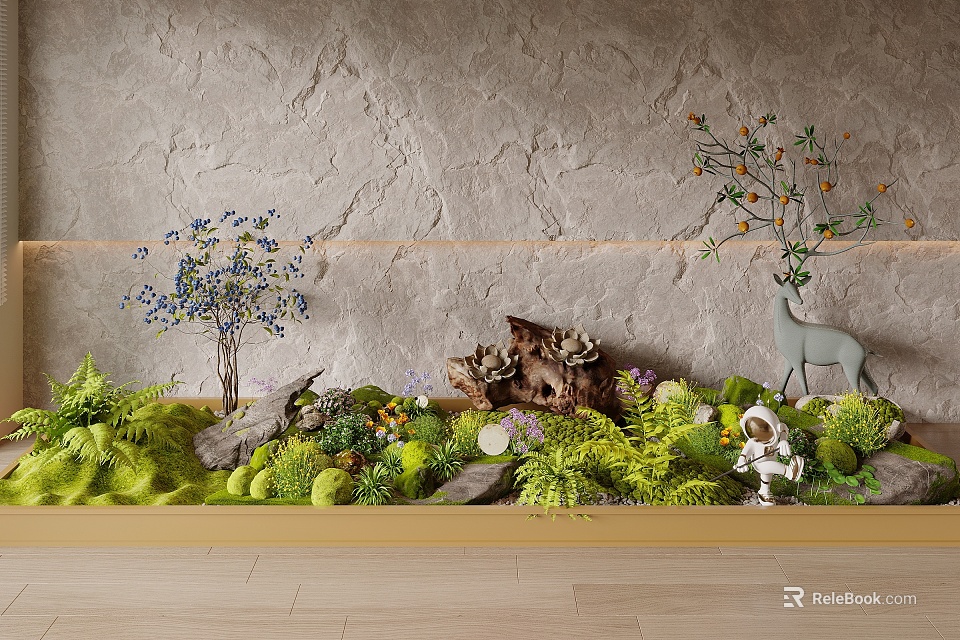 Whimsical Garden Miniature Decor With Green Plants Moss Deer Astronaut and Colorful Trees 3d model 