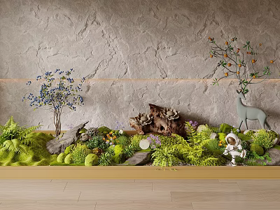 Whimsical Garden Miniature Decor With Green Plants Moss Deer Astronaut and Colorful Trees 3d model