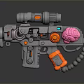 Futuristic Mechanical Gun Structure With Silver Frame Pink Brain Component Orange Accents And Coiled Cable 3d model