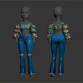 3D Model Wearing Off Shoulder Top Puffed Sleeves Floral Pattern Blue Flared Ripped Jeans