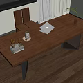 Modern Wooden Desk Workspace With Laptop Chair Potted Plant And Decorative Items