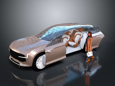Modern Transparent Roof Car With Open Doors And Brown Seats For Passenger Entry 3d model
