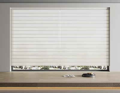 White Vertical Blinds with Clean Lines Above Wooden Countertop and Green Outdoor View 3d model