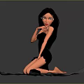 Game and Movie Character In Black Dress With Long Black Hair Kneeling On Gray Mat