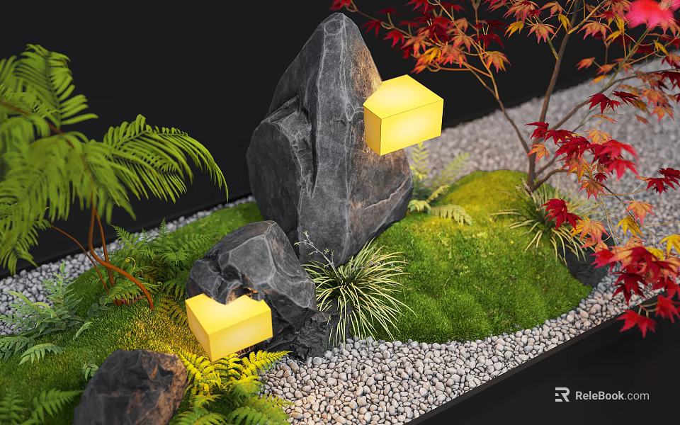 Natural Indoor Landscape With Stones Yellow Lights Green Moss Ferns And Red Maple Leaves 3d model 