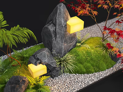 Natural Indoor Landscape With Stones Yellow Lights Green Moss Ferns And Red Maple Leaves 3d model