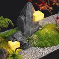 Natural Indoor Landscape With Stones Yellow Lights Green Moss Ferns And Red Maple Leaves