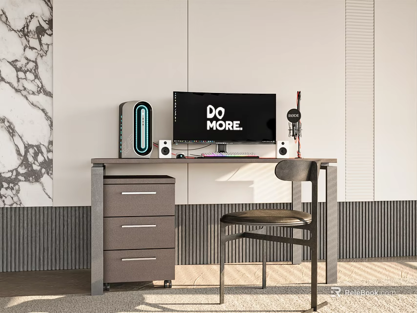 Modern Home Office Desk With Computer Monitor Tower Chair And Drawers 3d model 