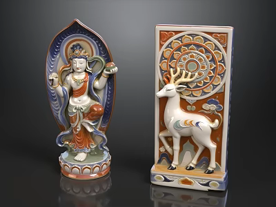 Colorful Traditional Ceramic Bodhisattva Statue And Deer Decorative Panel With Exquisite Details 3d model