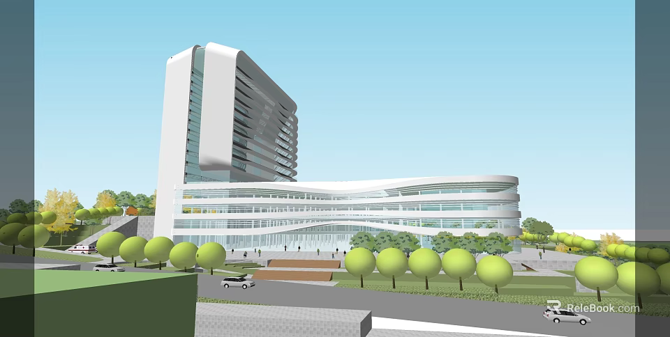 Modern Office Building With Curved Glass Facade And Landscaped Entrance Area 3d model 