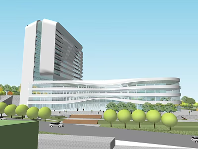 Modern Office Building With Curved Glass Facade And Landscaped Entrance Area 3d model