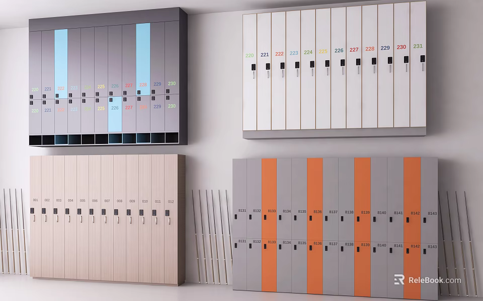 Modern Storage Cabinets With Numbered Doors And Multiple Colors For Organized Storage Solution 3d model 