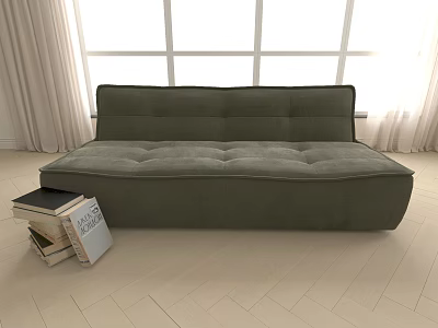 Green Cushioned Sectional Sofa Near Large Windows With Beige Curtains On Light Wooden Floor 3d model