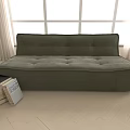 Green Cushioned Sectional Sofa Near Large Windows With Beige Curtains On Light Wooden Floor