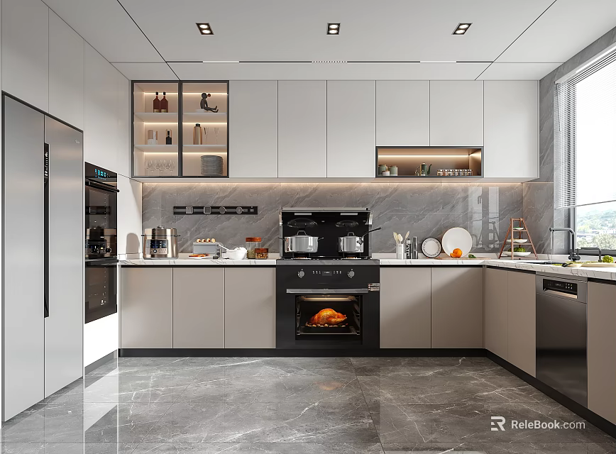 Modern Kitchen Interior Design With Sleek Gray Cabinets Countertop And Appliances 3d model 