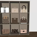 Luxury Designer Handbags Displayed On Beige Shelves With Classic Styles And Patterned Details