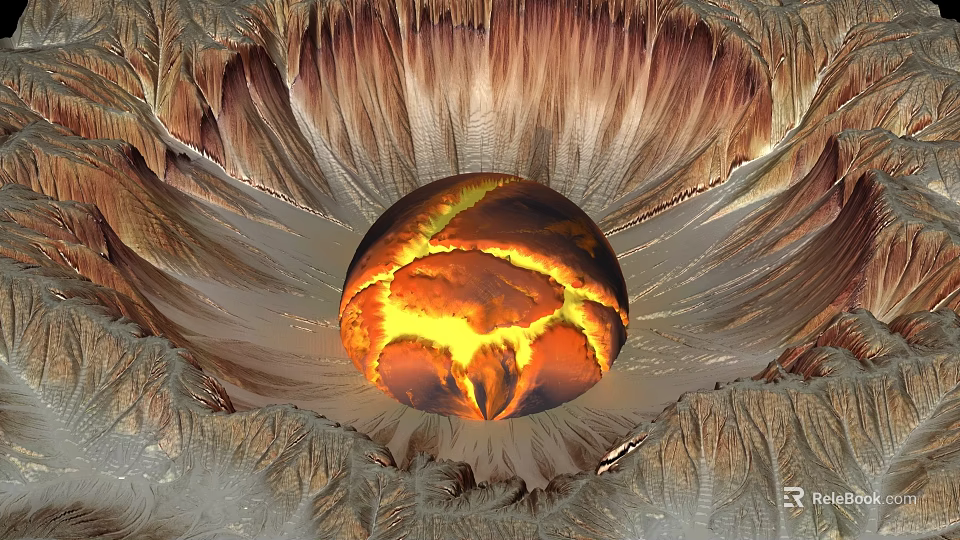 Art Installation With Glowing Lava Sphere And Surrounding Canyon Like Wave Textures 3d model 