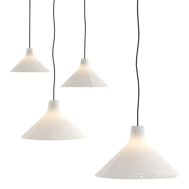 Four White Minimalist Pendant Lights With Flared Shades Hanging In Modern Interior With Soft Lighting 3d model 