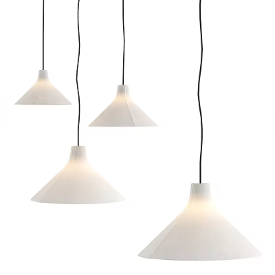 Four White Minimalist Pendant Lights With Flared Shades Hanging In Modern Interior With Soft Lighting 3d model