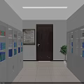 Neat Storage Corridor Featuring White Lockers Blue Pink Folders Dark Door Notice Board Green Plant