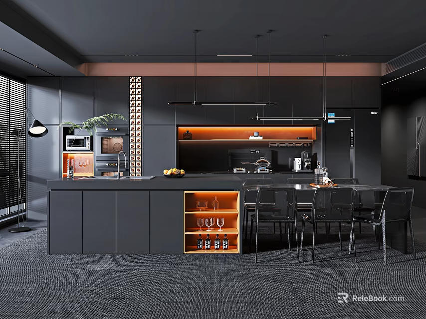 Black Modern Kitchen Interior With Island Counter Chairs Cabinets Hanging Lights And Brick Wall Accent 3d model 