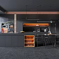 Black Modern Kitchen Interior With Island Counter Chairs Cabinets Hanging Lights And Brick Wall Accent