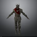 3D Medieval Armor Model with Spiked Helmet Red Scarf and Metallic Plates in Standing Pose