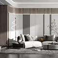 Modern Living Room Interior With Upholstered Sofa Accent Wall Spiral Floor Lamp And Geometric Rug