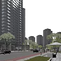 Modern High-Rise Residential Building with Surrounding Street Pedestrians Vehicles Shops and Trees