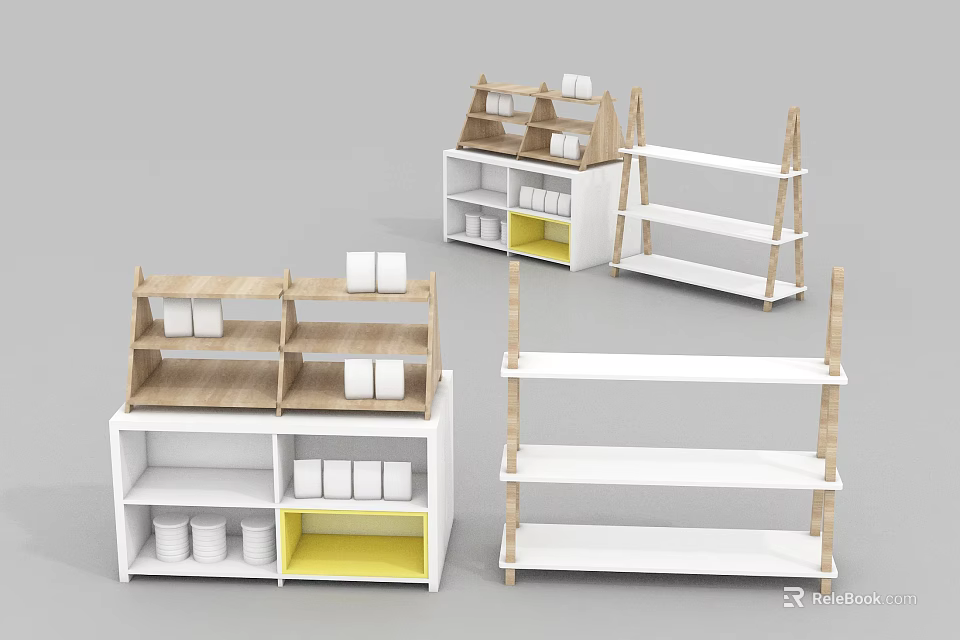 Modern Wooden And White Multi Layer Shelving Units For Home Storage And 3d model 
