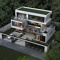 Modern Detached Villa Exterior with Large Glass Windows Lush Greenery and Front Driveway