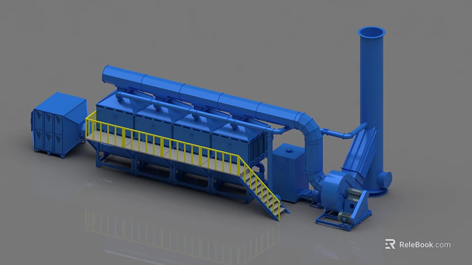 Industrial Waste Gas Treatment Equipment With Yellow Guardrails Staircase Pipes And Chimney Stack 3d model 