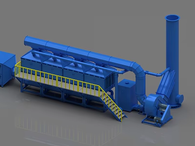Industrial Waste Gas Treatment Equipment With Yellow Guardrails Staircase Pipes And Chimney Stack 3d model