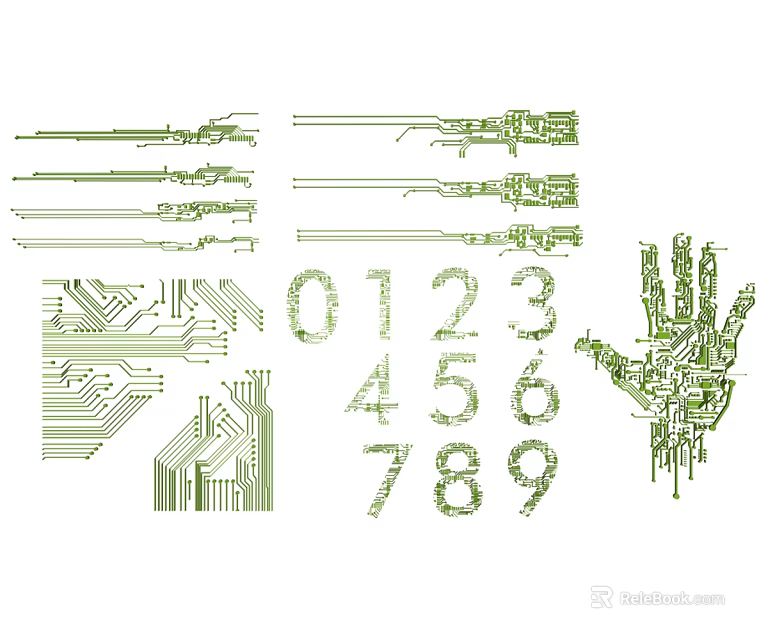Carved Green Circuit Board Patterns Featuring Digital Numbers And Mechanical Hand Designs 3d model 
