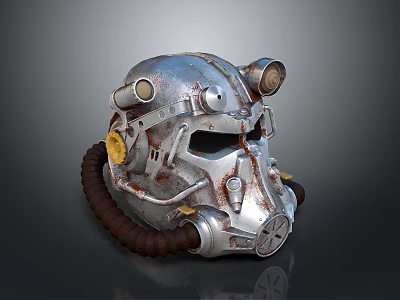 Combat Weapon Helmet With Silver Metallic Surface Rusty Pipes And Round Components 3d model