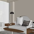 Modern White Sofa and Wooden Coffee Table with Plaid Pillows and Floor Lamp