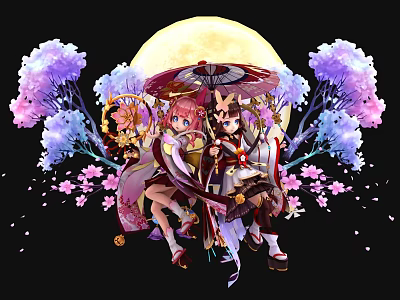 Two Women in Traditional Clothing With Umbrella Under Full Moon and Cherry Blossom Trees 3d model